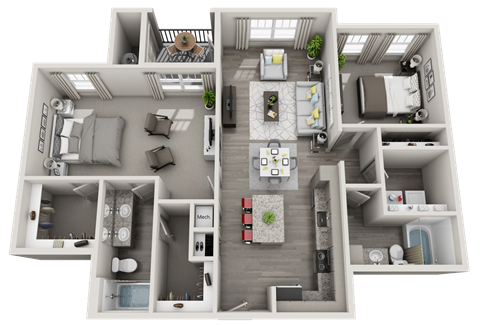 Floor plan for 2 beds, 2 baths, 1235 sqft